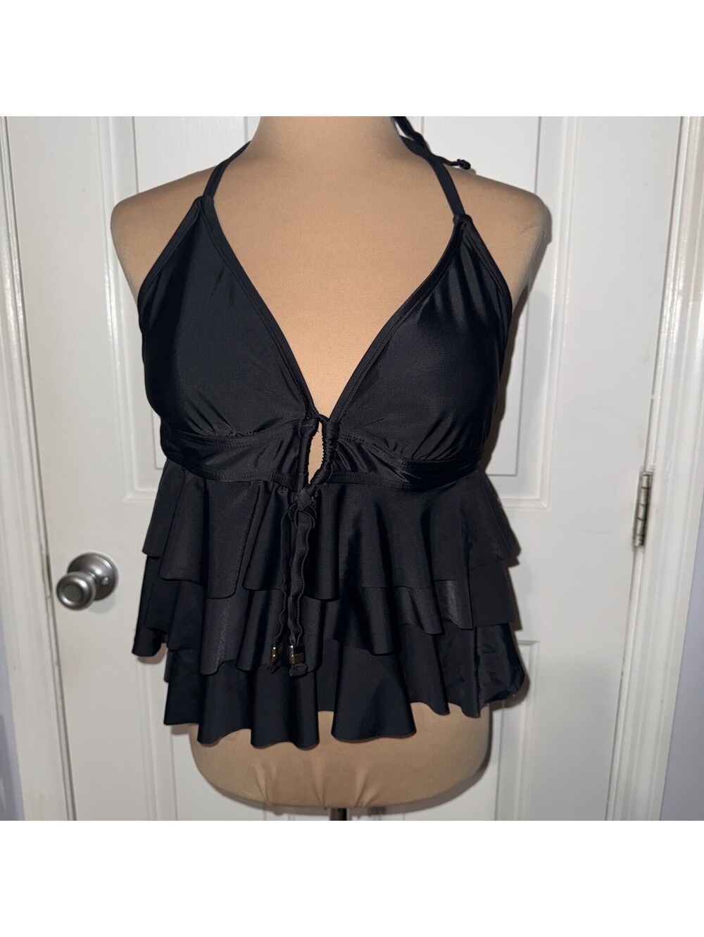 Catalina Womens Black Tiered Ruffle Tankini Swim Top Halter Neck Large 12-14